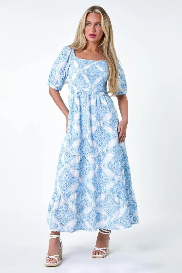 Blue Petite Cotton Embroidered Shirred Maxi Dress Women Roman Dresses