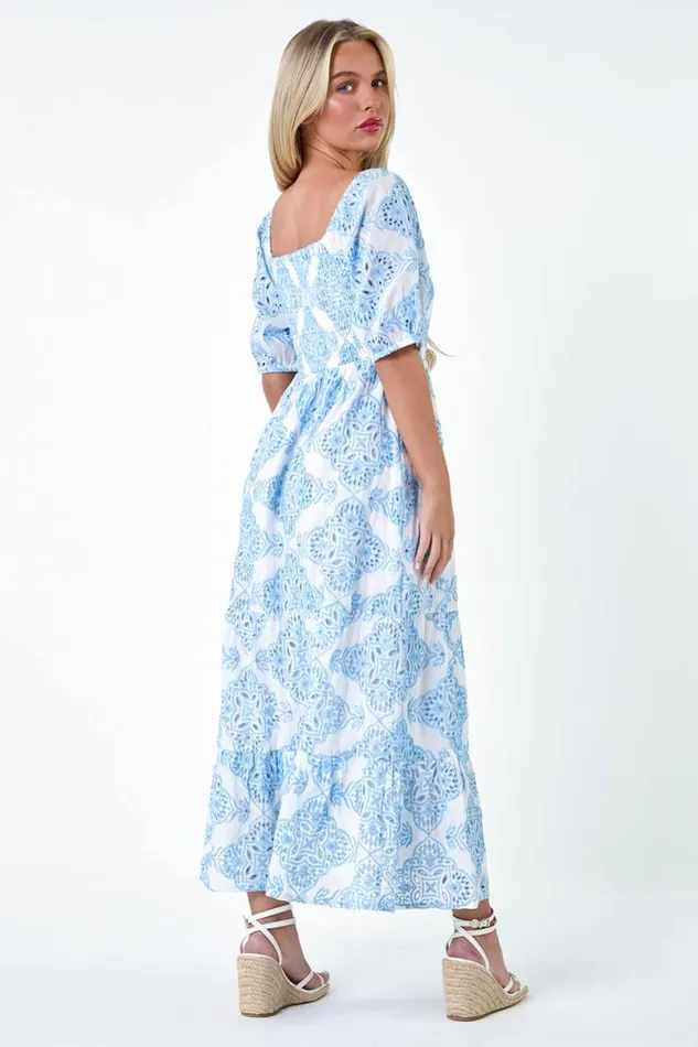 Blue Petite Cotton Embroidered Shirred Maxi Dress Women Roman Dresses