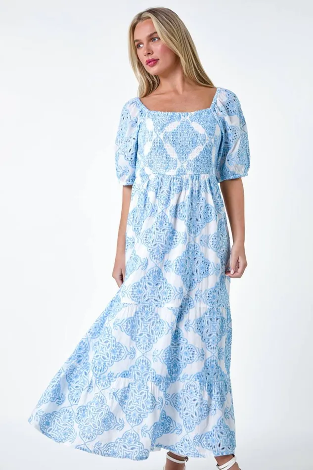 Blue Petite Cotton Embroidered Shirred Maxi Dress Women Roman Dresses