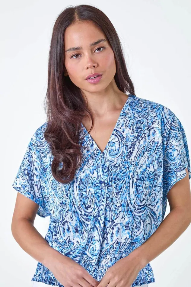 Blue Petite Paisley Shirred Hem VNeck Stretch Top Women Roman Tops