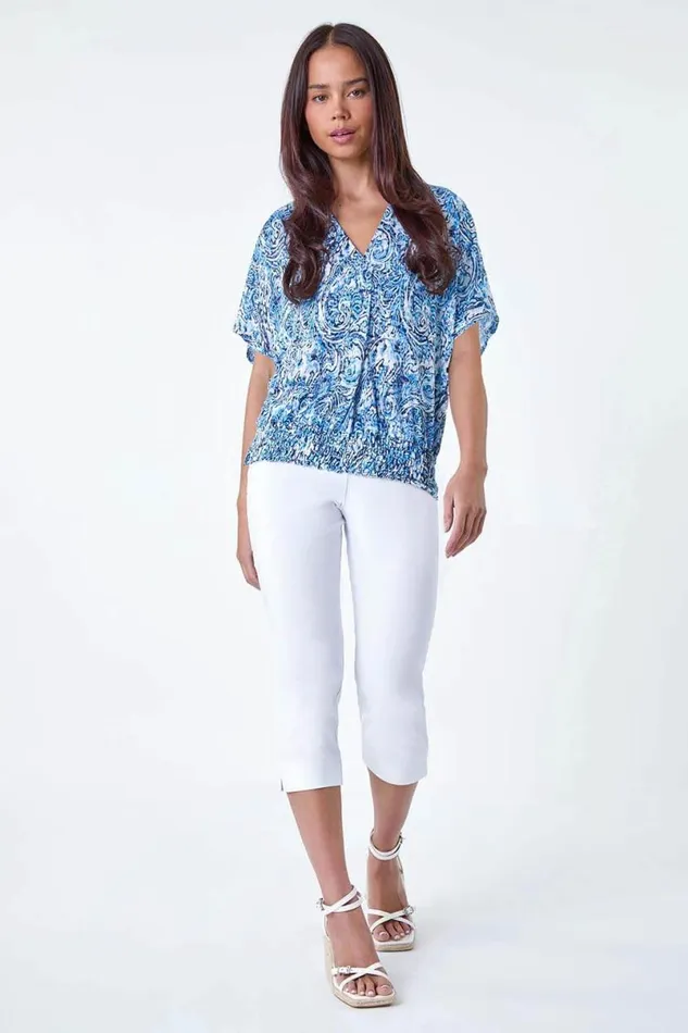 Blue Petite Paisley Shirred Hem VNeck Stretch Top Women Roman Tops