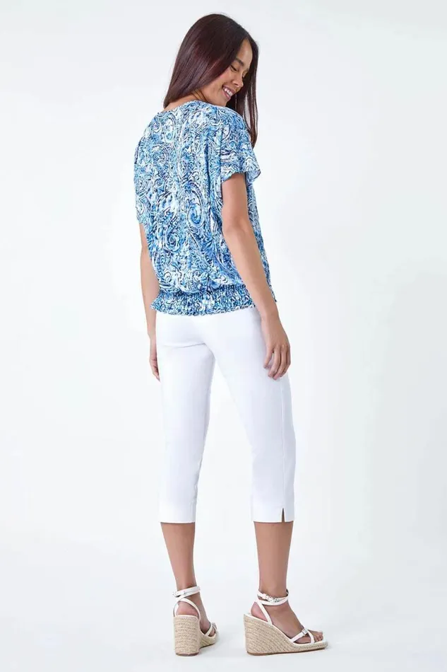 Blue Petite Paisley Shirred Hem VNeck Stretch Top Women Roman Tops
