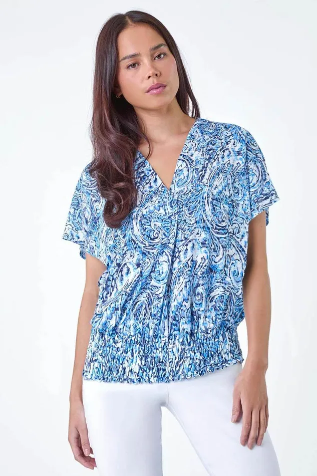 Blue Petite Paisley Shirred Hem VNeck Stretch Top Women Roman Tops