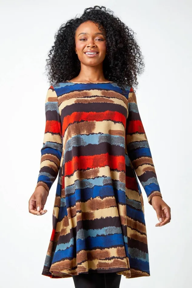 Blue Petite Stripe Print Swing Stretch Dress Women Roman Dresses