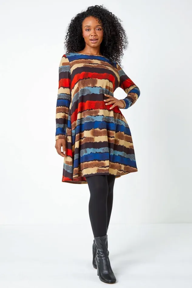 Blue Petite Stripe Print Swing Stretch Dress Women Roman Dresses