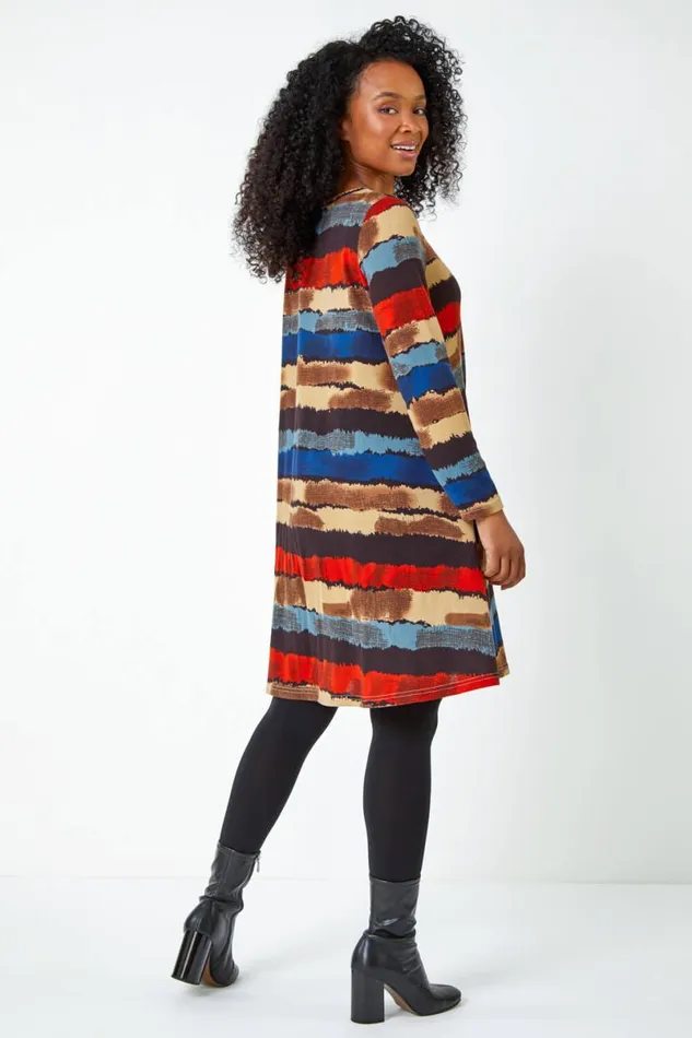 Blue Petite Stripe Print Swing Stretch Dress Women Roman Dresses