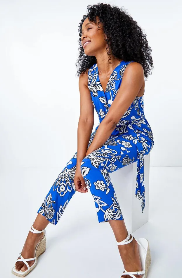 Blue Petite Wrap Front Belted Jumpsuit Women Roman Dresses