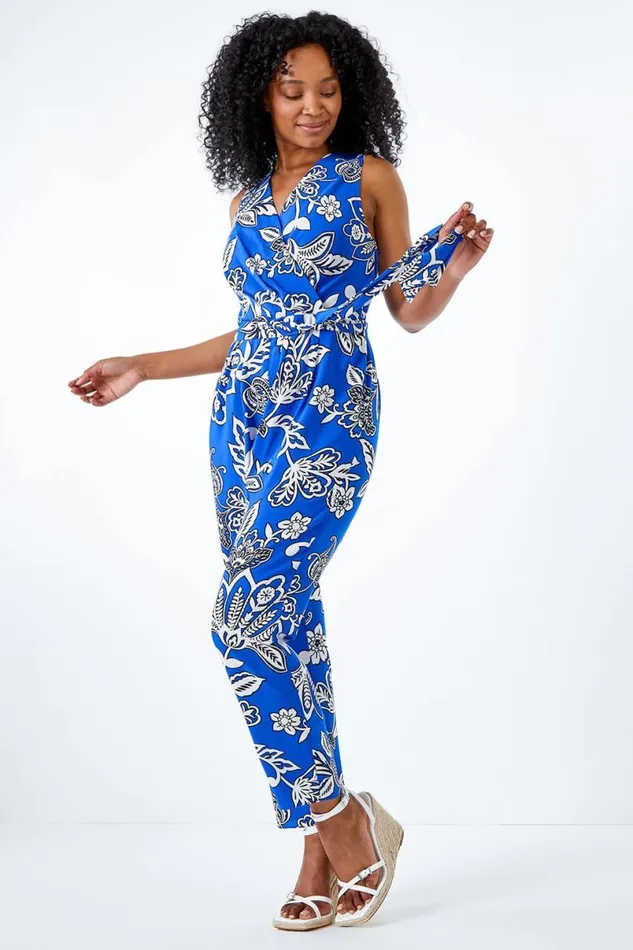 Blue Petite Wrap Front Belted Jumpsuit Women Roman Dresses