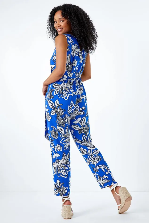 Blue Petite Wrap Front Belted Jumpsuit Women Roman Dresses