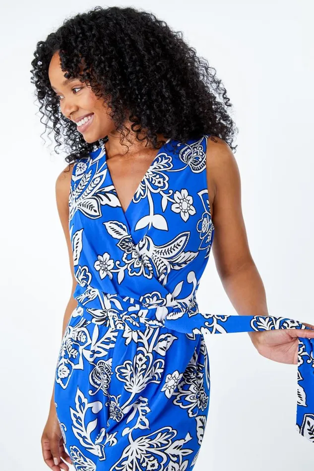Blue Petite Wrap Front Belted Jumpsuit Women Roman Dresses