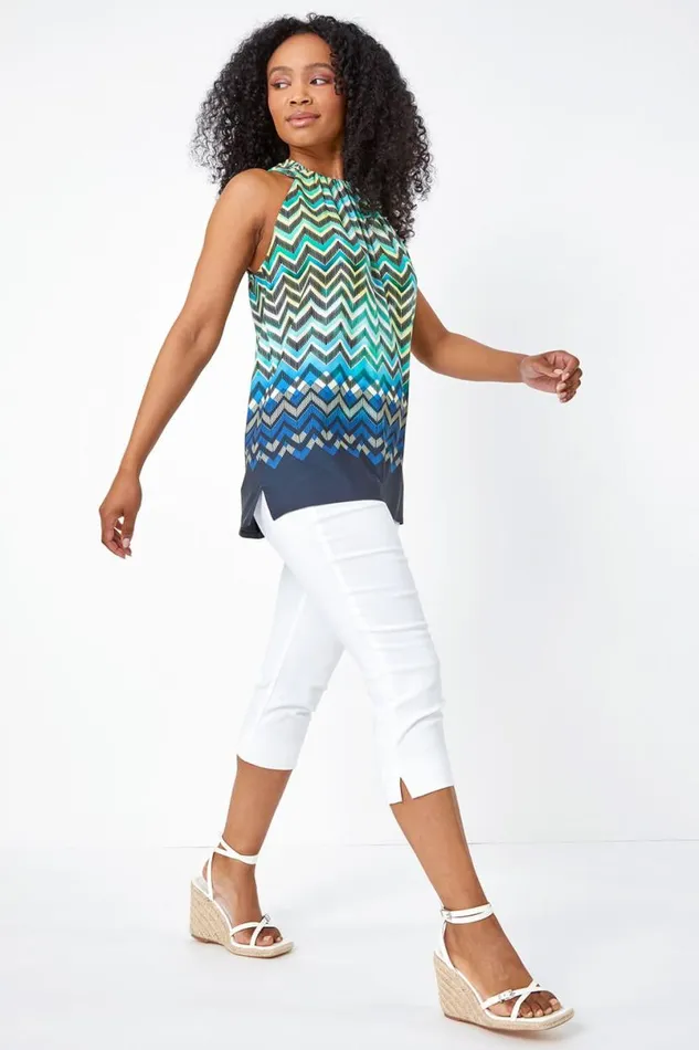 Blue Petite Zig Zag Print Halterneck Top Women Roman Tops