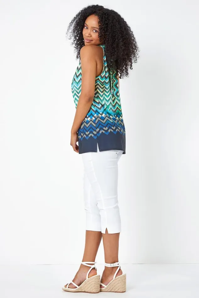 Blue Petite Zig Zag Print Halterneck Top Women Roman Tops
