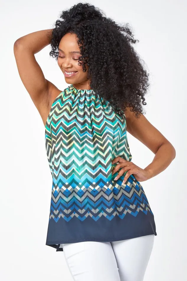 Blue Petite Zig Zag Print Halterneck Top Women Roman Tops
