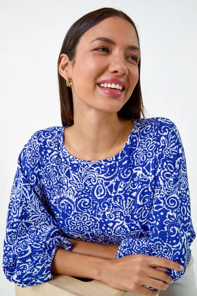 Blue Printed Balloon Sleeve Shirred Hem Top Women Roman Tops