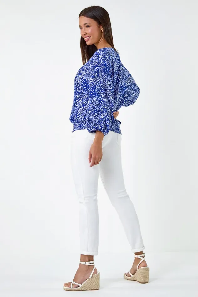 Blue Printed Balloon Sleeve Shirred Hem Top Women Roman Tops