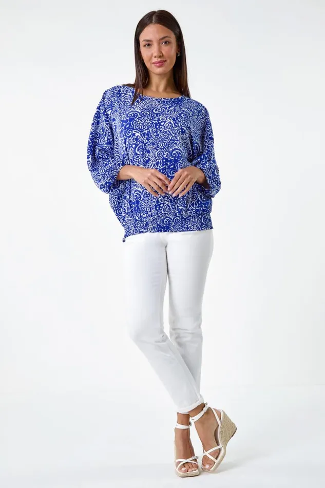 Blue Printed Balloon Sleeve Shirred Hem Top Women Roman Tops