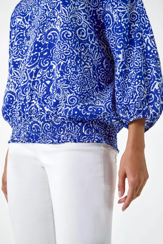Blue Printed Balloon Sleeve Shirred Hem Top Women Roman Tops