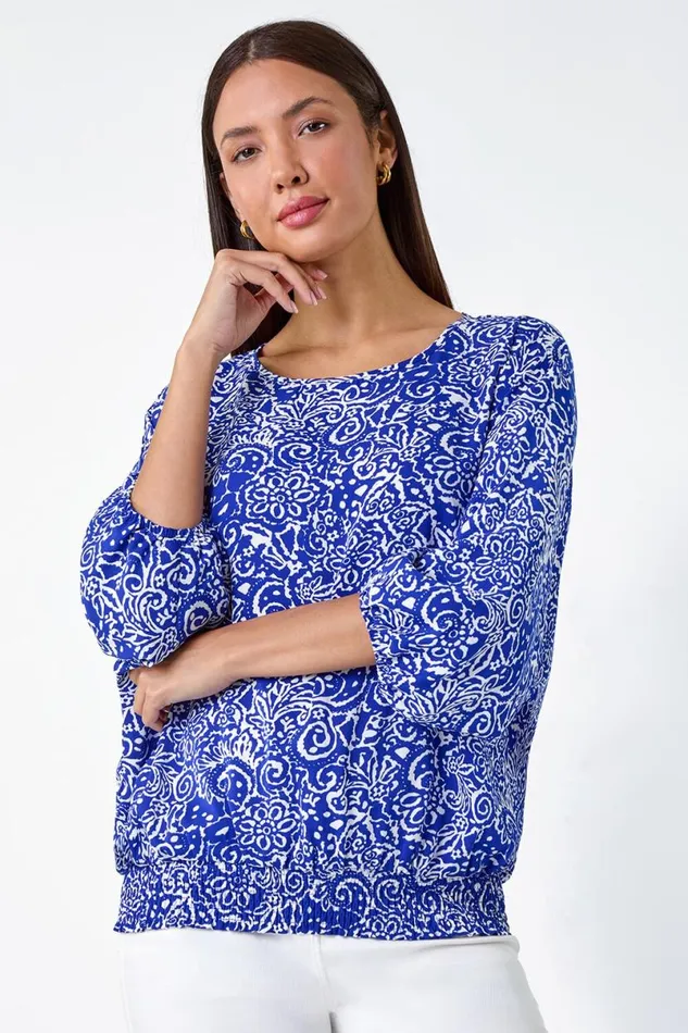 Blue Printed Balloon Sleeve Shirred Hem Top Women Roman Tops