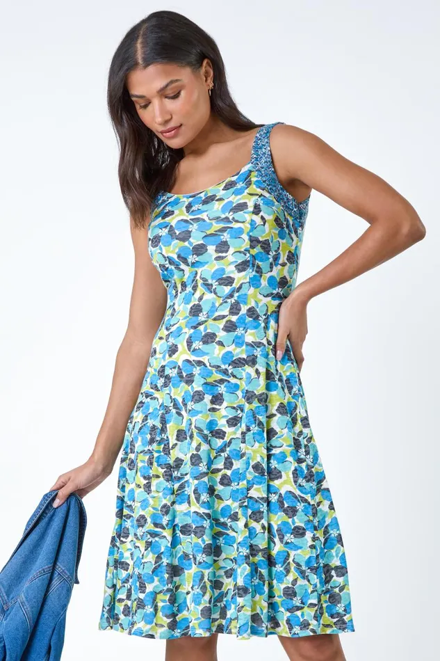 Blue Sleeveless Contrast Floral Print Dress Women Roman Dresses