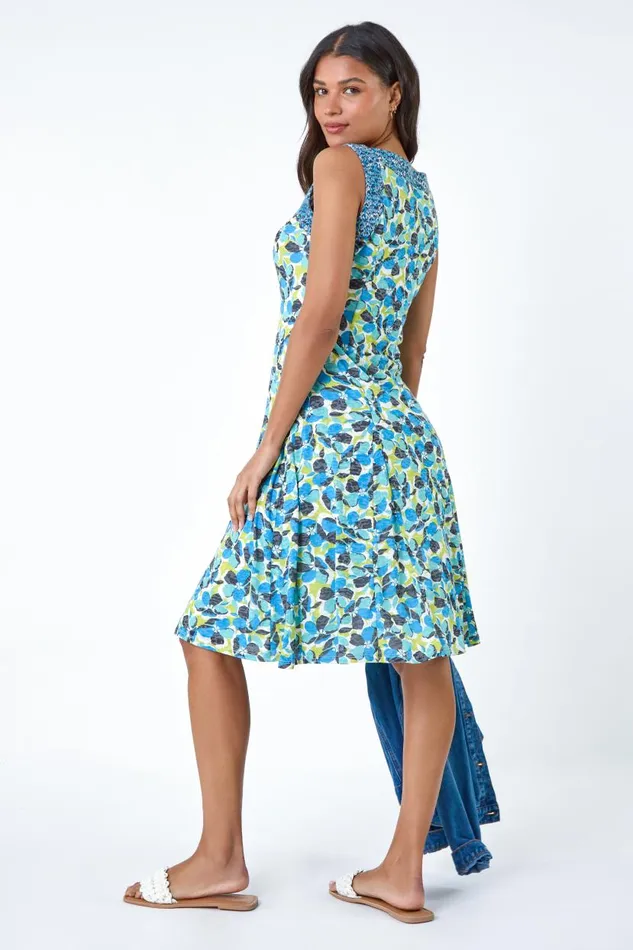 Blue Sleeveless Contrast Floral Print Dress Women Roman Dresses