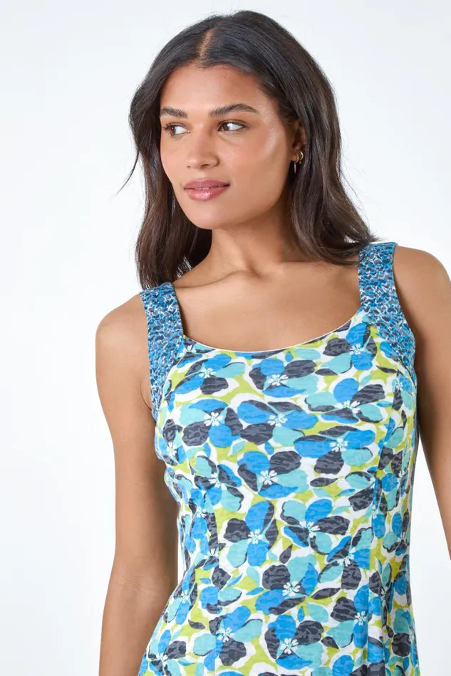 Blue Sleeveless Contrast Floral Print Dress Women Roman Dresses