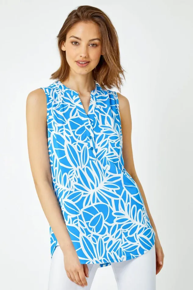 Blue Sleeveless Linear Print VNeck Tunic Top Women Roman Tops