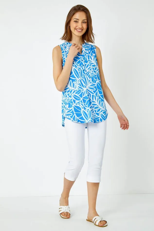 Blue Sleeveless Linear Print VNeck Tunic Top Women Roman Tops
