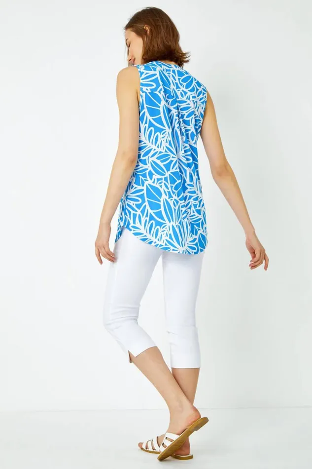 Blue Sleeveless Linear Print VNeck Tunic Top Women Roman Tops