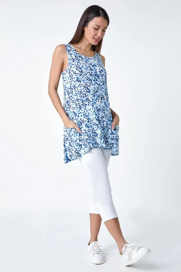 Blue Spot Print Pocket VNeck Stretch Vest Women Roman Tops