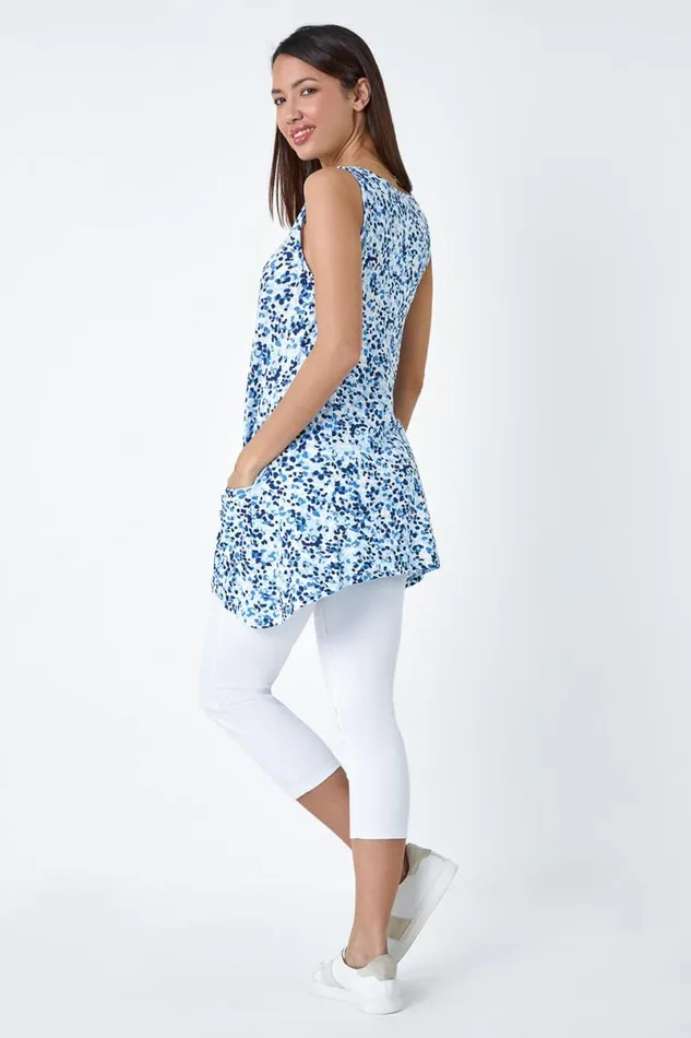 Blue Spot Print Pocket VNeck Stretch Vest Women Roman Tops