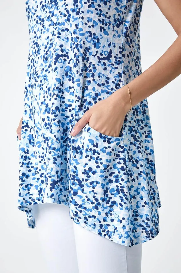 Blue Spot Print Pocket VNeck Stretch Vest Women Roman Tops