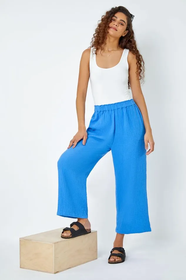 Blue Textured Cotton Elastic Waist Culotte Trousers Women Roman Trousers