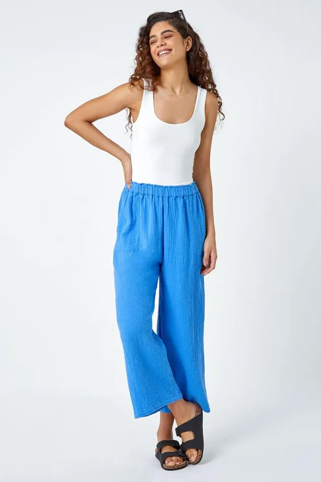 Blue Textured Cotton Elastic Waist Culotte Trousers Women Roman Trousers