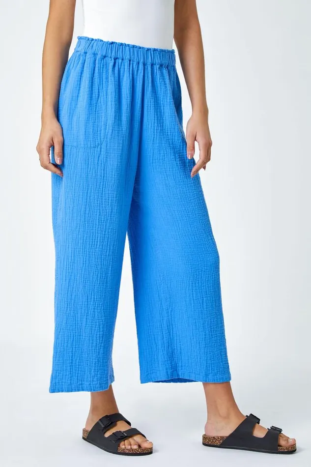 Blue Textured Cotton Elastic Waist Culotte Trousers Women Roman Trousers