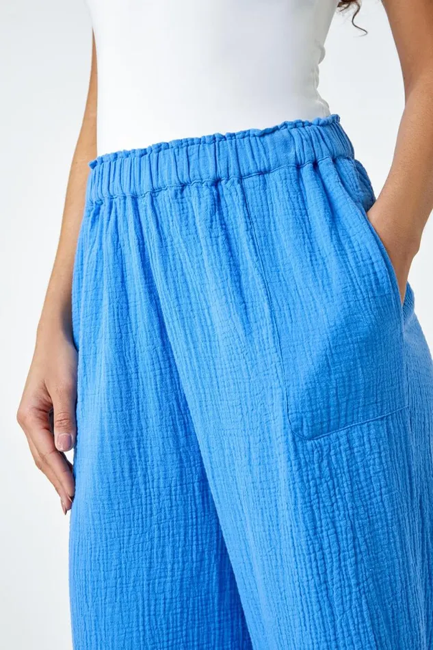 Blue Textured Cotton Elastic Waist Culotte Trousers Women Roman Trousers
