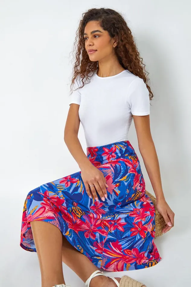 Blue Tropical Floral Stretch Panel A Line Skirt Women Roman Skirts