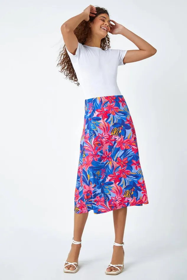 Blue Tropical Floral Stretch Panel A Line Skirt Women Roman Skirts