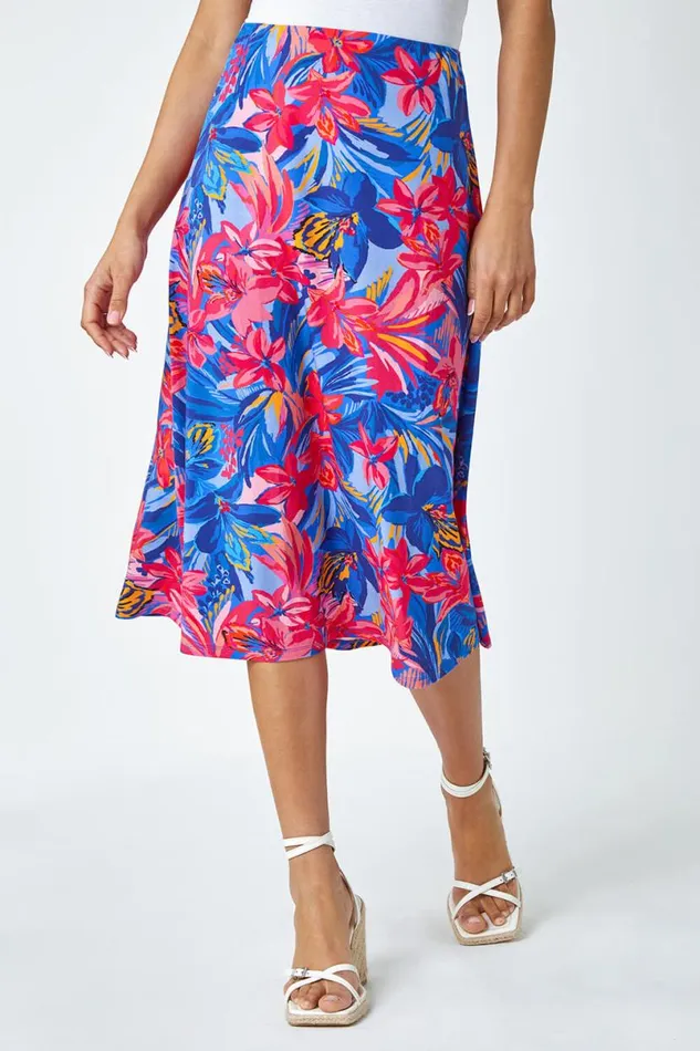 Blue Tropical Floral Stretch Panel A Line Skirt Women Roman Skirts