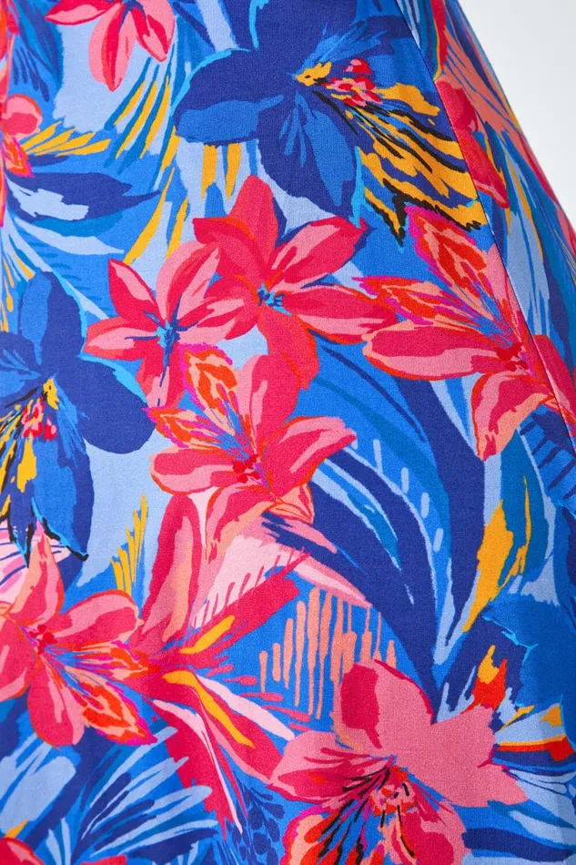 Blue Tropical Floral Stretch Panel A Line Skirt Women Roman Skirts
