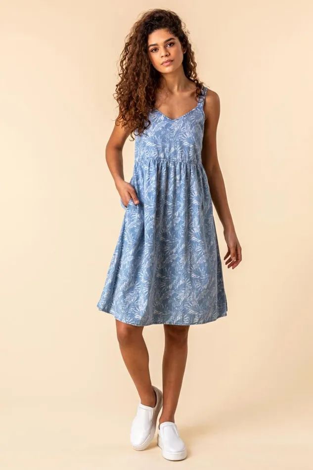Blue Tropical Print Strappy Sun Dress Women Roman Dresses