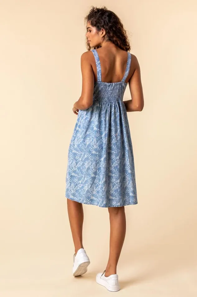 Blue Tropical Print Strappy Sun Dress Women Roman Dresses