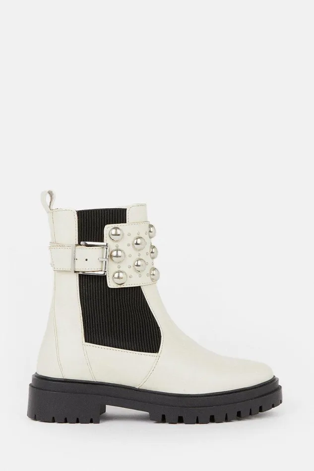 Boots Women Karen Millen Leather Domed Stud Ankle Cuff Chelsea Boot Cream