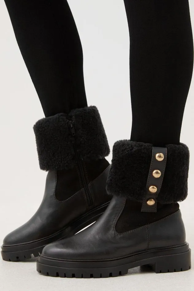 Boots Women Karen Millen Shearling Leather Trim Detail Chelsea Boot Black