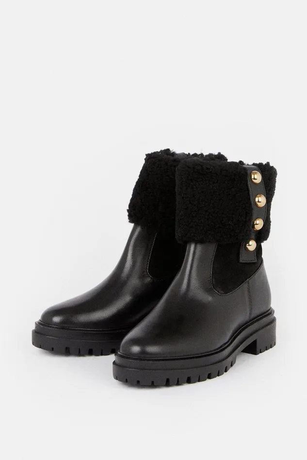 Boots Women Karen Millen Shearling Leather Trim Detail Chelsea Boot Black