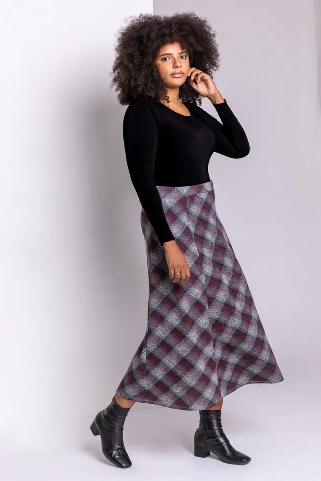Bordeaux Curve Check Print Midi Skirt Women Roman Skirts
