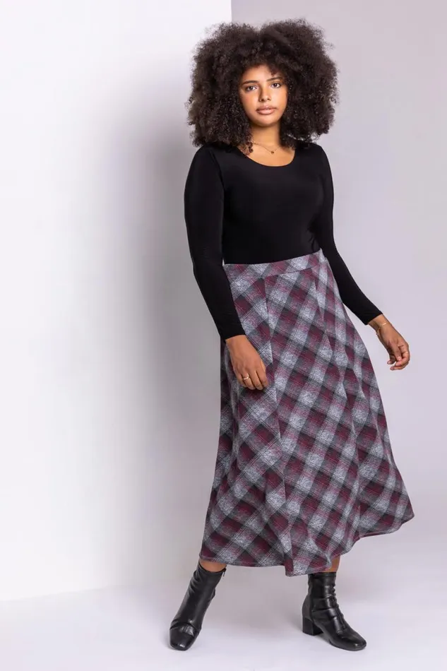 Bordeaux Curve Check Print Midi Skirt Women Roman Skirts