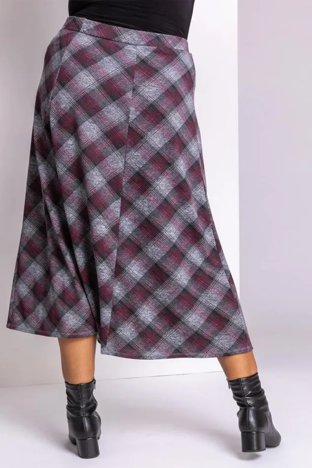 Bordeaux Curve Check Print Midi Skirt Women Roman Skirts