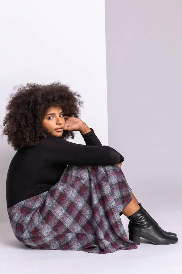 Bordeaux Curve Check Print Midi Skirt Women Roman Skirts