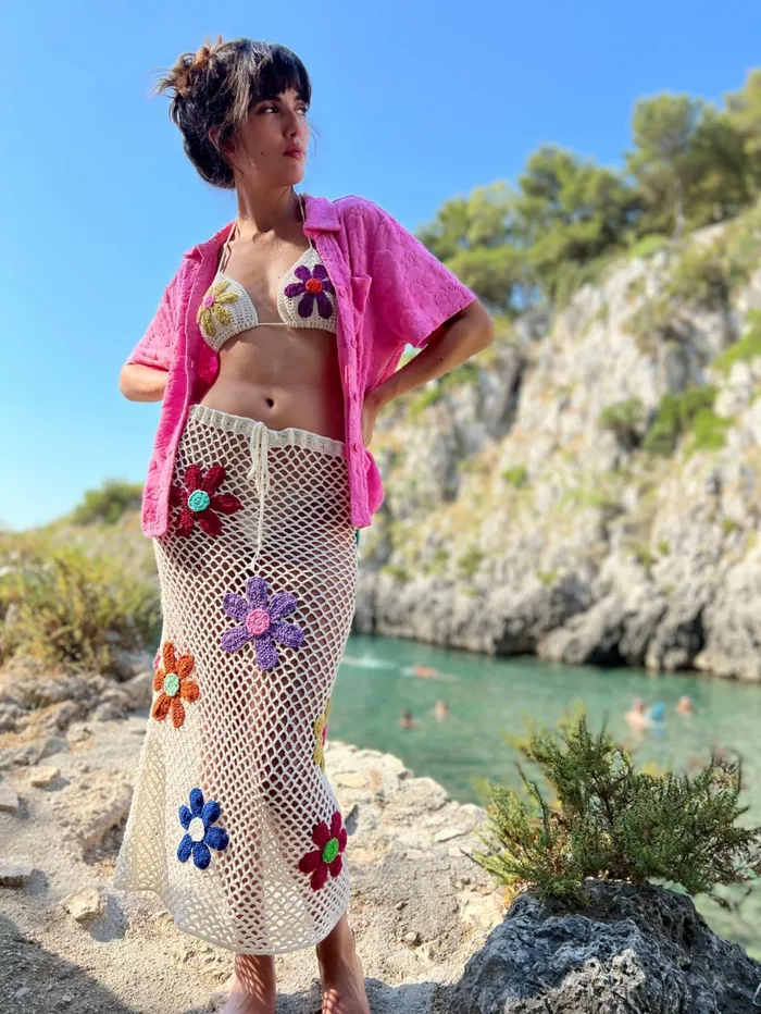 Bottoms Women Rose Carmine LONG SKIRT FREE FLOWERS ECRU