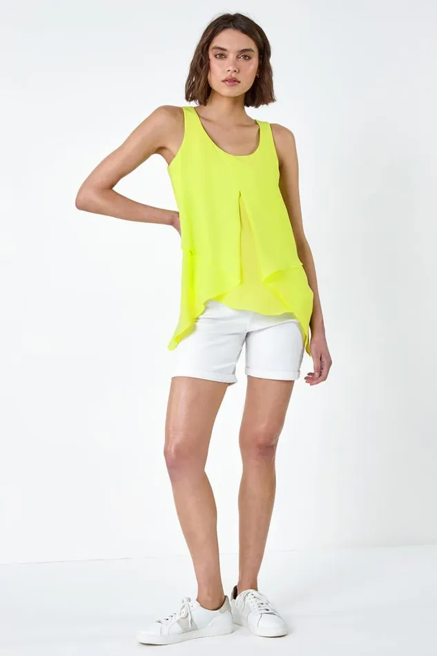 Bright Yellow Asymmetric Sleeveless Vest Top Women Roman Tops